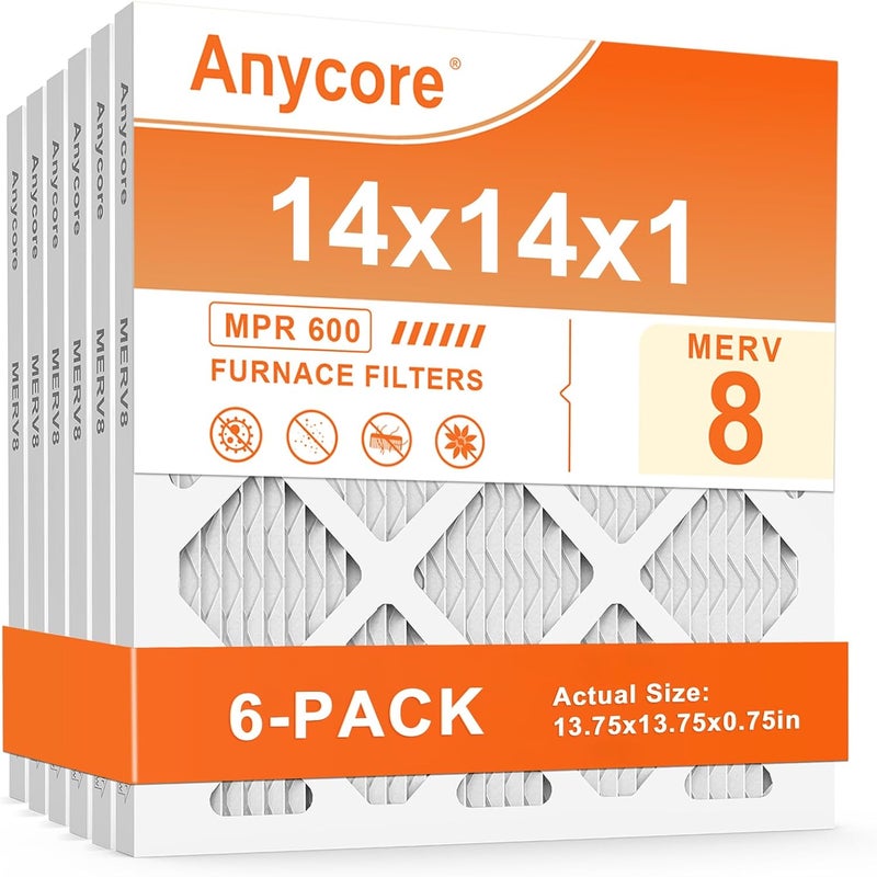 Anycore 14x14x1 Air Filter 6 Pack MERV 8 HVAC AC Furnace Pleated Air Filters for Home Office MPR 600 FPR 5 (Actual Size: 13.75x13.75x0.75 inch) - Image 1